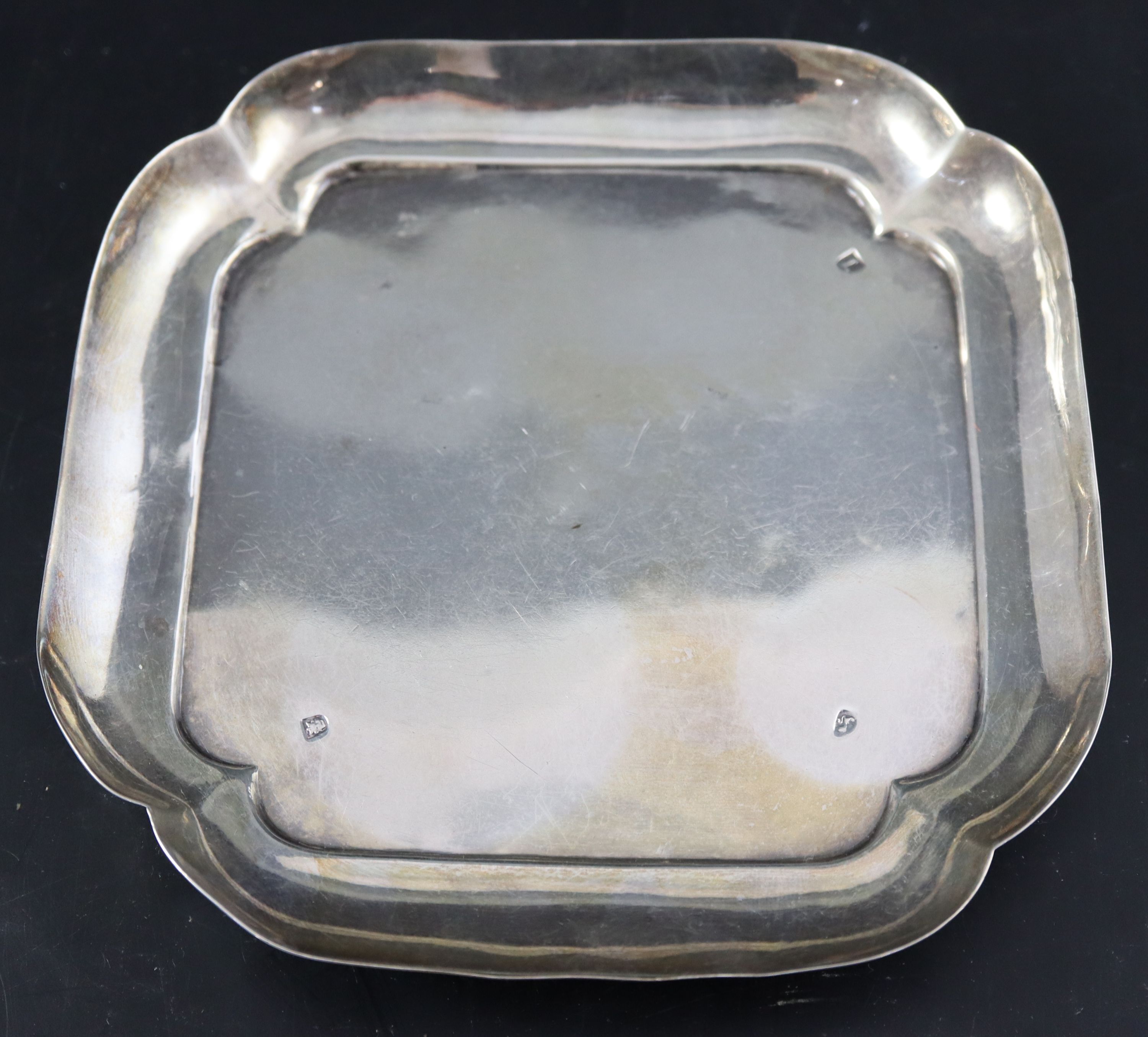 A George III silver shaped square waiter or stand, 14.7cm, 5oz.